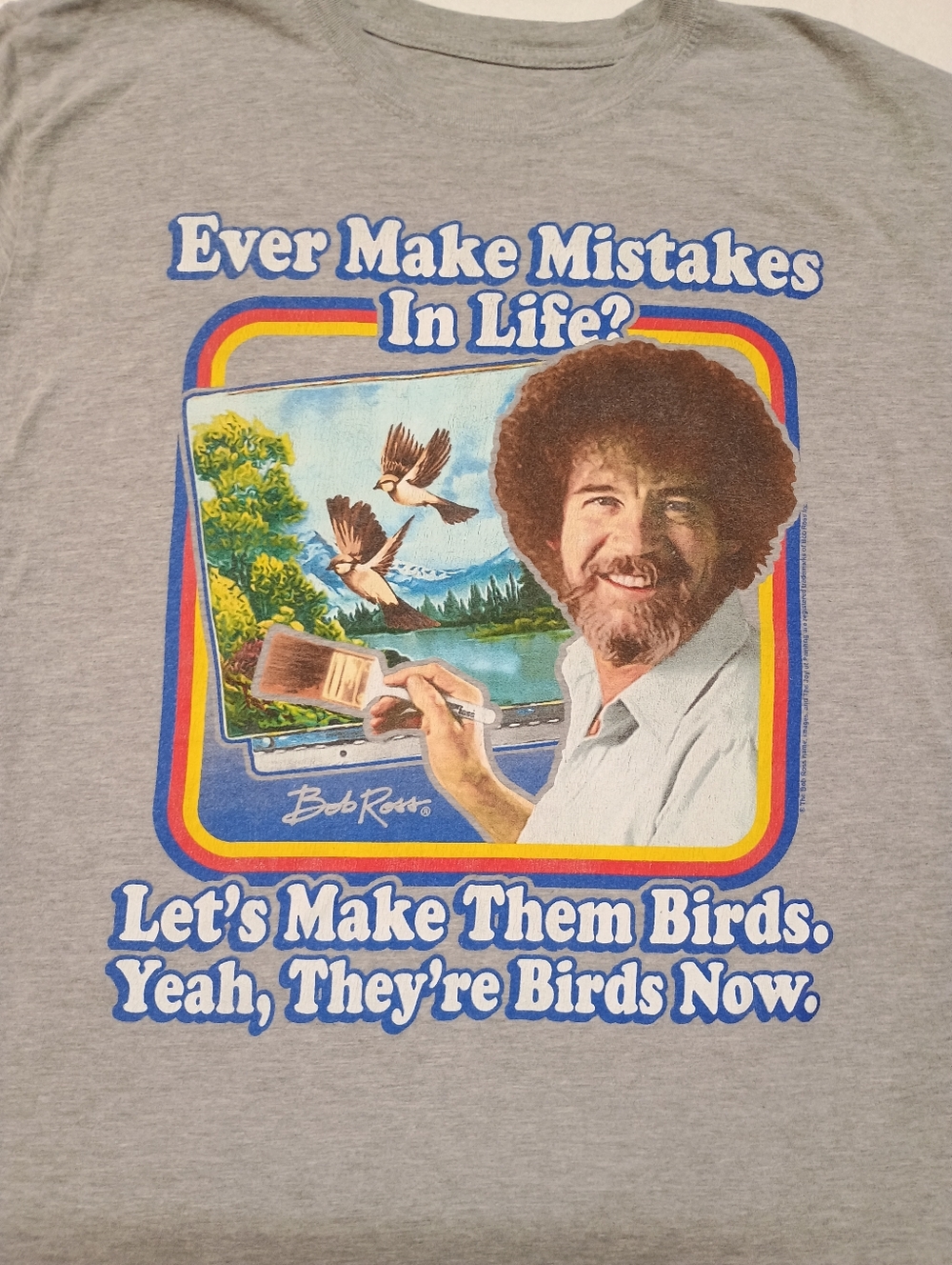 Bob Ross Mens Size L 'Let's Make Them Birds' Graphic Tee - Gray - Picture 2 of 4